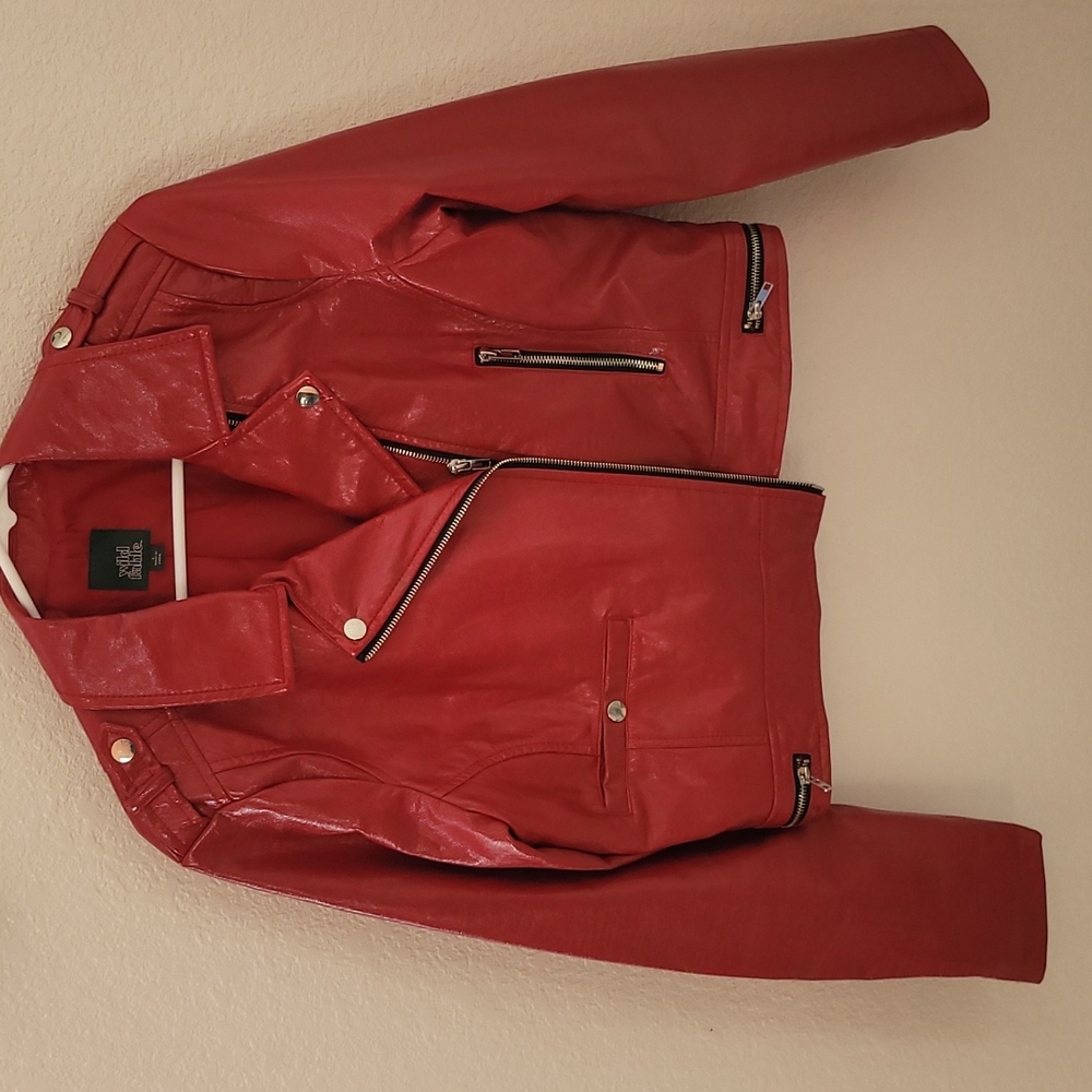wild fable Red Faux Leather Moto Jacket with Silver Hardware